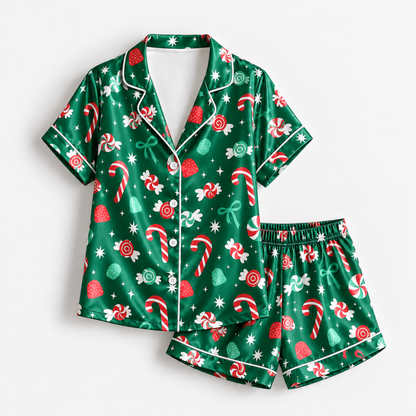 PJ-M1940-Christmas Candy Cane Satin Pajama Set, Green Peppermint Sweet Festive Holiday Sleepwear