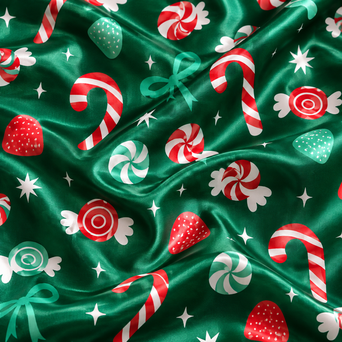 PJ-M1940-Christmas Candy Cane Satin Pajama Set, Green Peppermint Sweet Festive Holiday Sleepwear