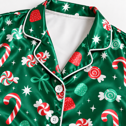 PJ-M1940-Christmas Candy Cane Satin Pajama Set, Green Peppermint Sweet Festive Holiday Sleepwear