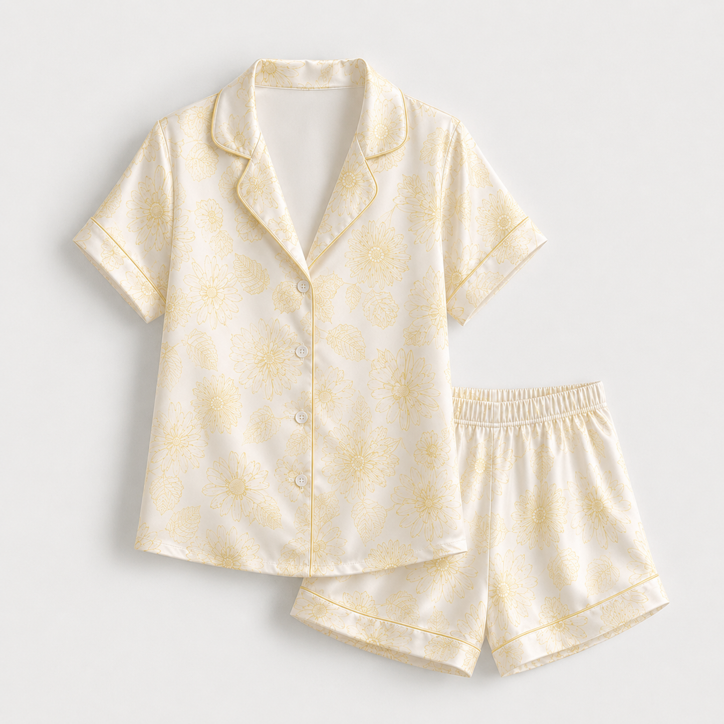 PJ-M195-Cream Silk Aesthetic Pajama Apparel, Daisy Garden Graphic Loungewear Sleepwear Collection Top Bottom Matching Raiment