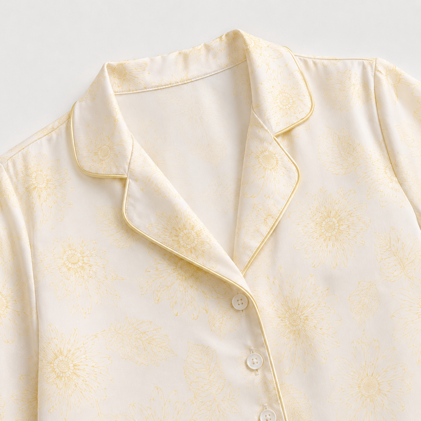 PJ-M195-Cream Silk Aesthetic Pajama Apparel, Daisy Garden Graphic Loungewear Sleepwear Collection Top Bottom Matching Raiment