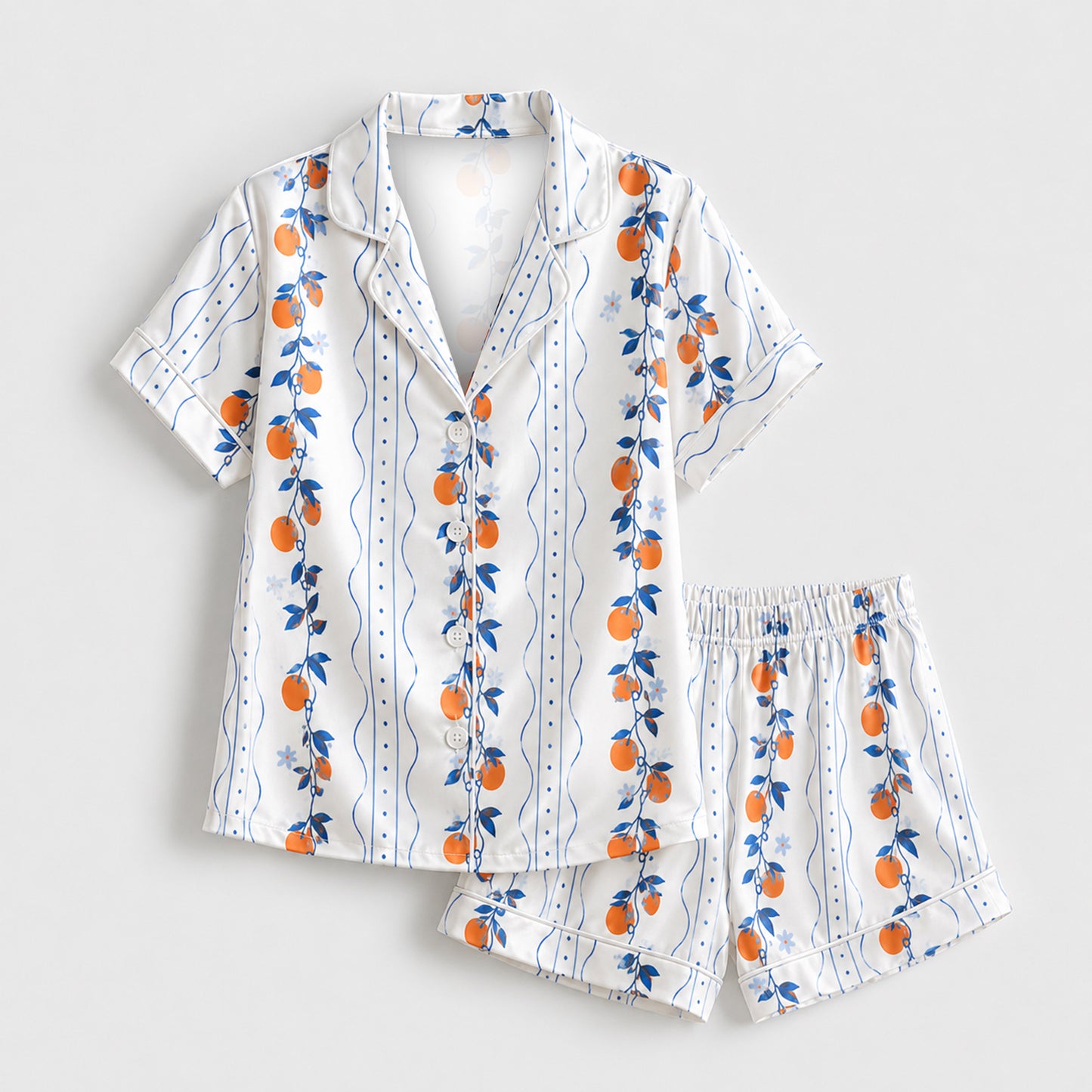 PJ-M196-White Satin Orange Pajama Apparel, Botanical Vine Pattern Loungewear Sleepwear Collection Top Bottom Clothing