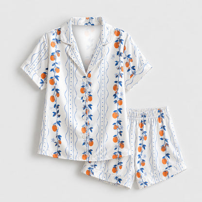PJ-M196-White Satin Orange Pajama Apparel, Botanical Vine Pattern Loungewear Sleepwear Collection Top Bottom Clothing