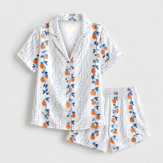 PJ-M196-White Satin Orange Pajama Apparel, Botanical Vine Pattern Loungewear Sleepwear Collection Top Bottom Clothing