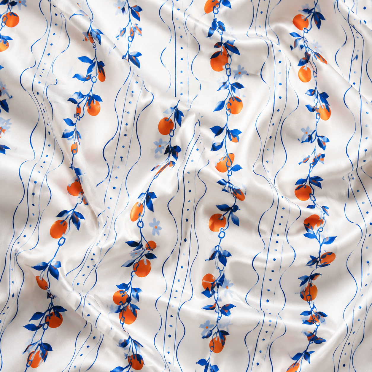 PJ-M196-White Satin Orange Pajama Apparel, Botanical Vine Pattern Loungewear Sleepwear Collection Top Bottom Clothing