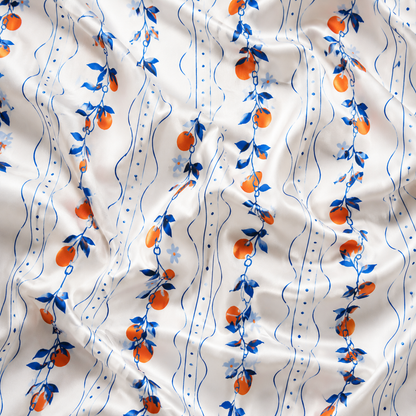 PJ-M196-White Satin Orange Pajama Apparel, Botanical Vine Pattern Loungewear Sleepwear Collection Top Bottom Clothing