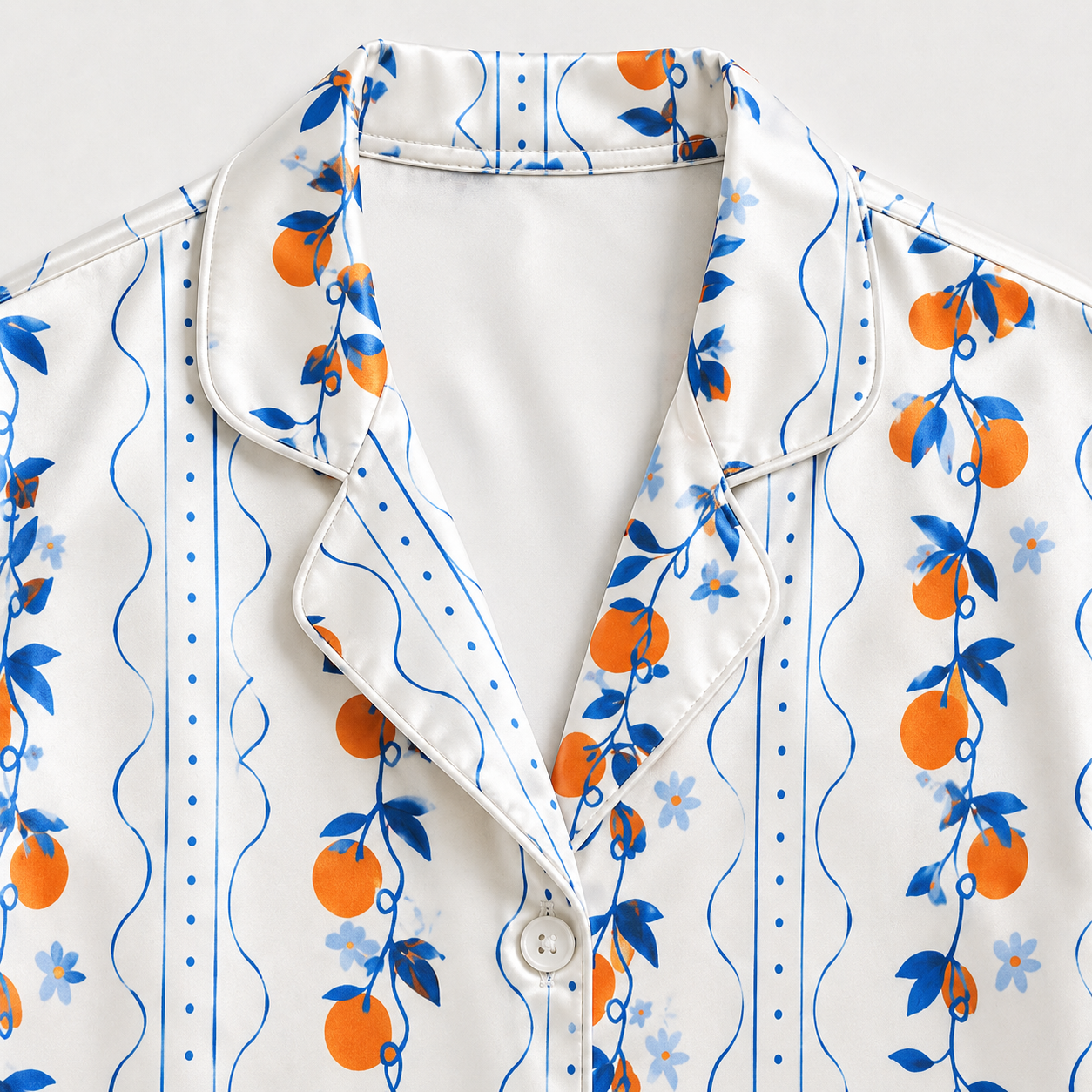 PJ-M196-White Satin Orange Pajama Apparel, Botanical Vine Pattern Loungewear Sleepwear Collection Top Bottom Clothing