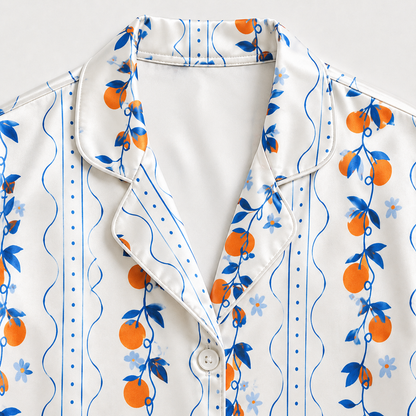PJ-M196-White Satin Orange Pajama Apparel, Botanical Vine Pattern Loungewear Sleepwear Collection Top Bottom Clothing