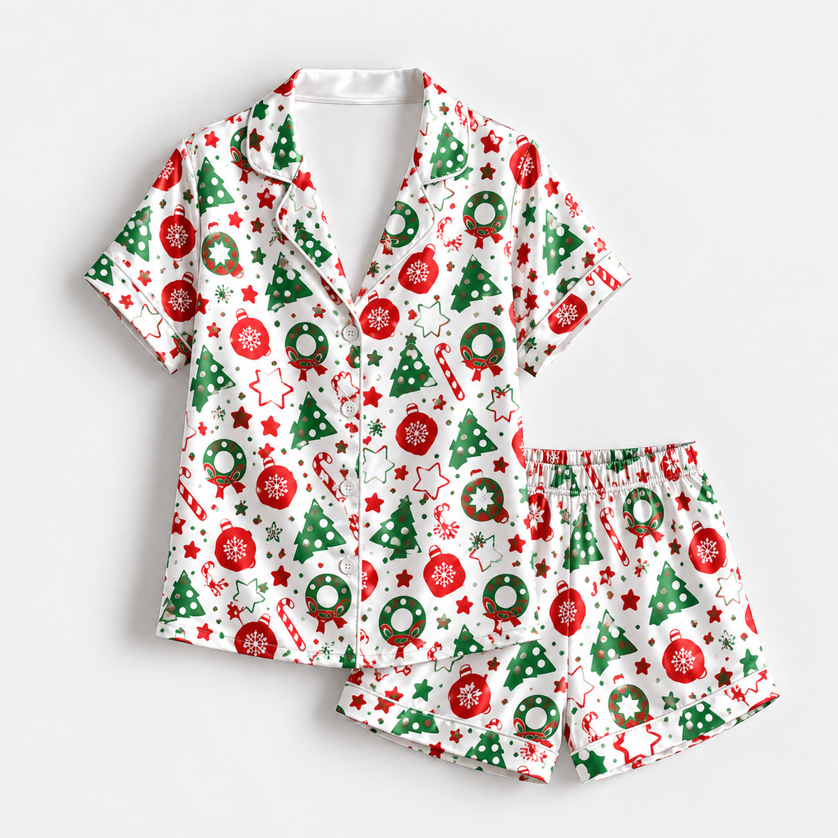 PJ-M1962-Festive Christmas Satin Pajama Set, Christmas Tree Candy Cane Ornament Holiday Sleepwear