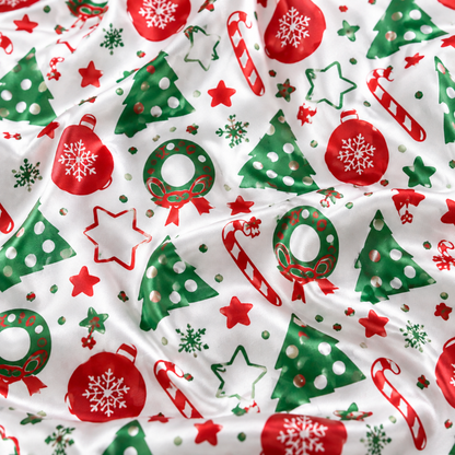 PJ-M1962-Festive Christmas Satin Pajama Set, Christmas Tree Candy Cane Ornament Holiday Sleepwear