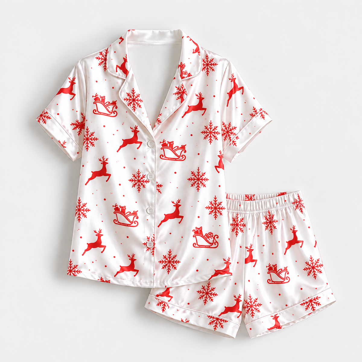 PJ-M1963-Red Reindeer Christmas Satin Pajama Set, Snowflake Sleigh Holiday Winter Sleepwear