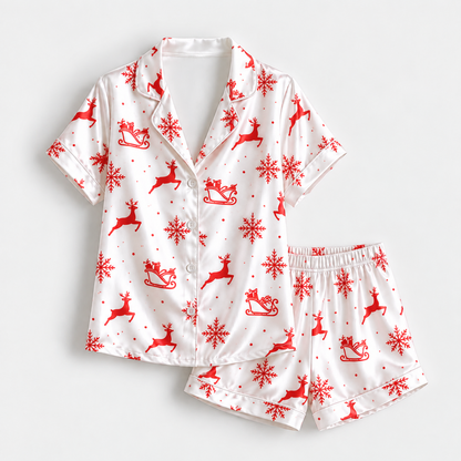 PJ-M1963-Red Reindeer Christmas Satin Pajama Set, Snowflake Sleigh Holiday Winter Sleepwear