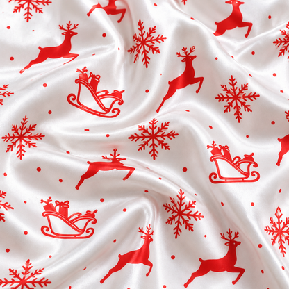 PJ-M1963-Red Reindeer Christmas Satin Pajama Set, Snowflake Sleigh Holiday Winter Sleepwear