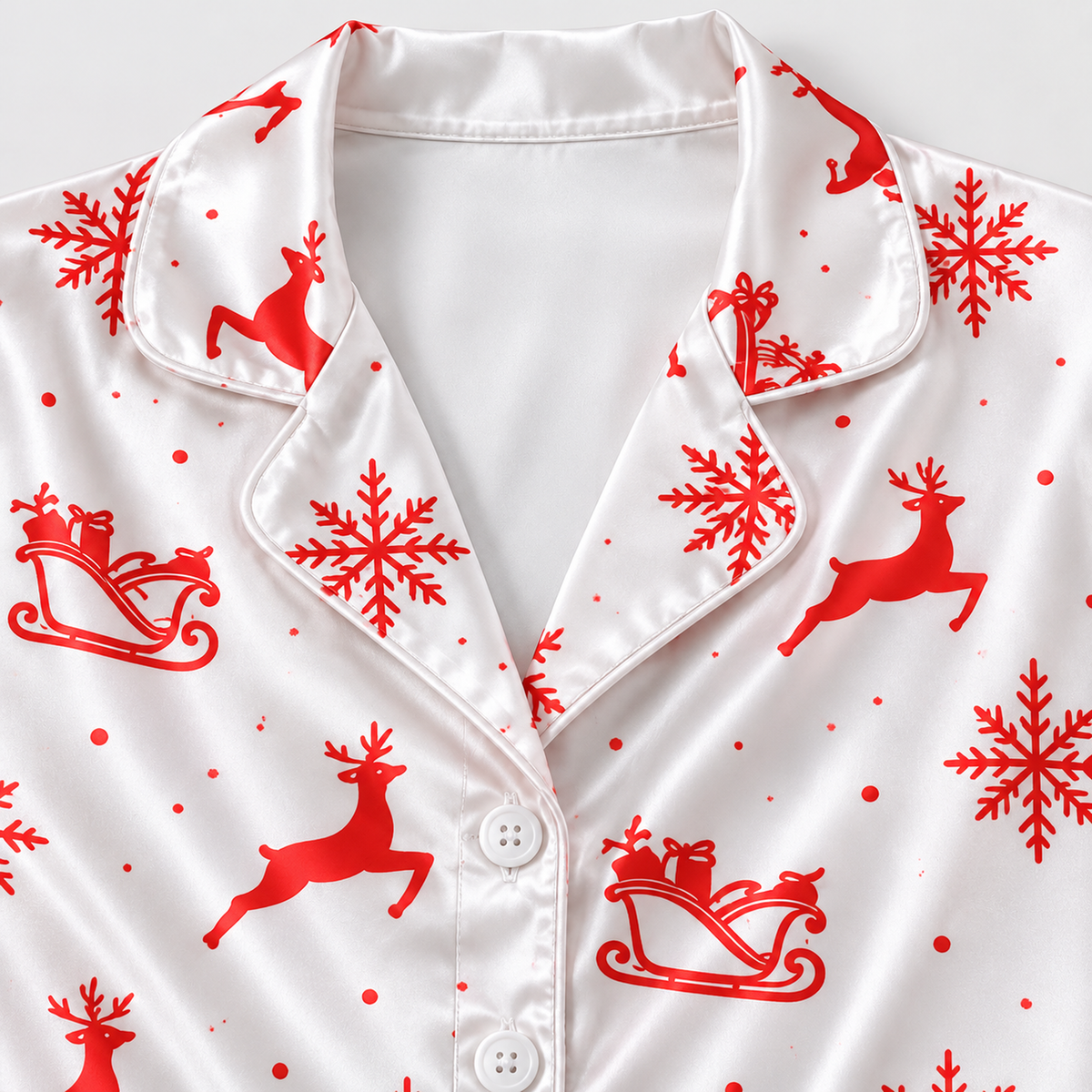 PJ-M1963-Red Reindeer Christmas Satin Pajama Set, Snowflake Sleigh Holiday Winter Sleepwear