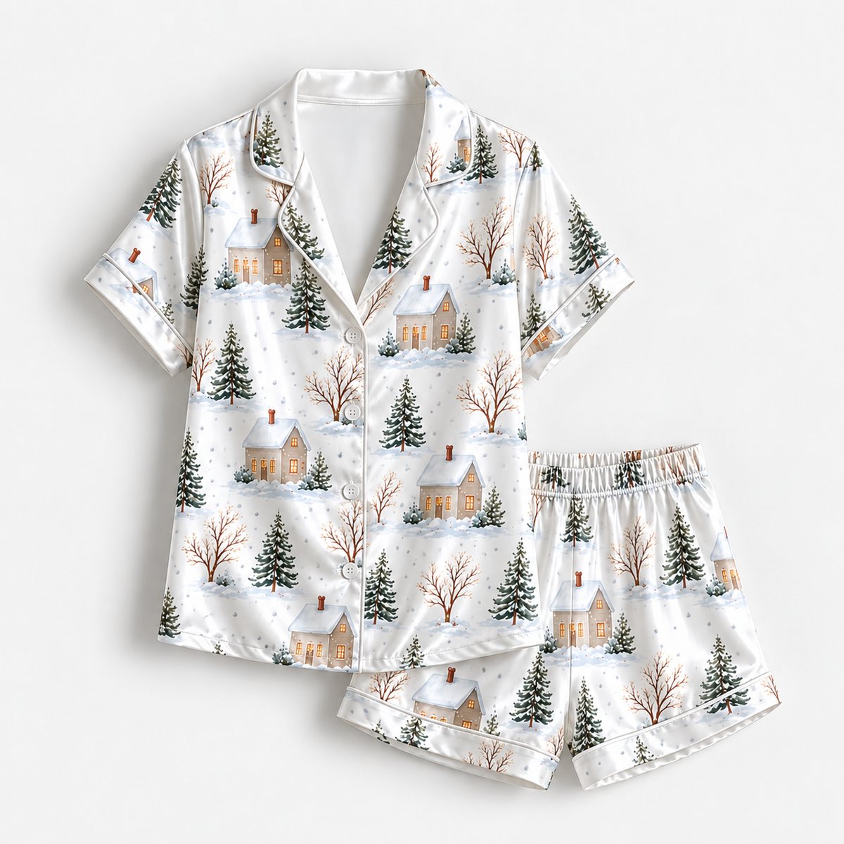 PJ-M1964-Winter Cottage Satin Pajama Set, Snowy Forest Pine Tree Cozy Christmas Village Sleepwear