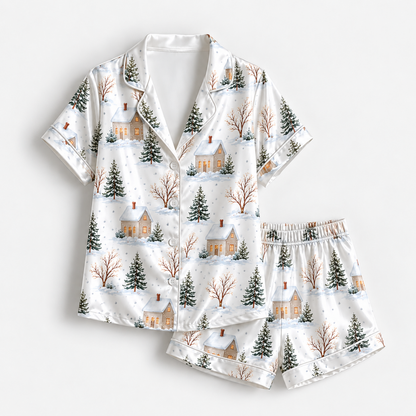 PJ-M1964-Winter Cottage Satin Pajama Set, Snowy Forest Pine Tree Cozy Christmas Village Sleepwear