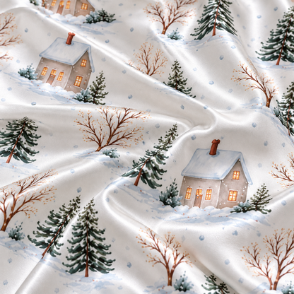 PJ-M1964-Winter Cottage Satin Pajama Set, Snowy Forest Pine Tree Cozy Christmas Village Sleepwear