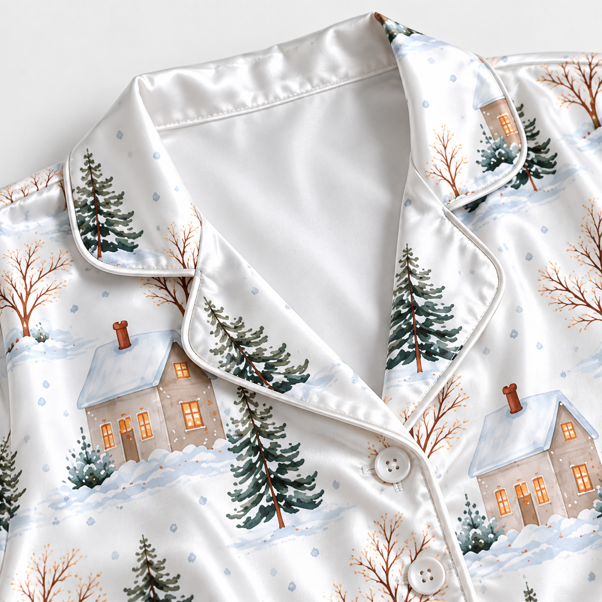 PJ-M1964-Winter Cottage Satin Pajama Set, Snowy Forest Pine Tree Cozy Christmas Village Sleepwear