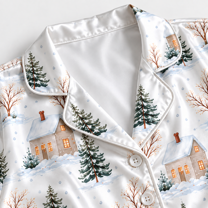 PJ-M1964-Winter Cottage Satin Pajama Set, Snowy Forest Pine Tree Cozy Christmas Village Sleepwear