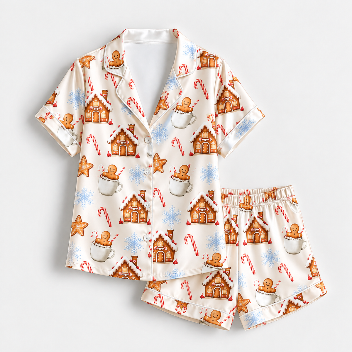 PJ-M1965-Gingerbread Christmas Satin Pajama Set, Candy Cane Snowflake Holiday Cookie House Sleepwear