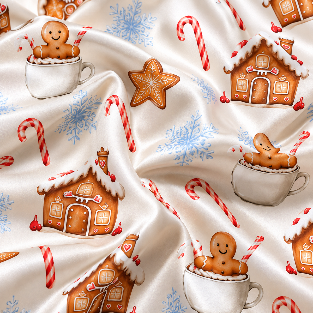 PJ-M1965-Gingerbread Christmas Satin Pajama Set, Candy Cane Snowflake Holiday Cookie House Sleepwear
