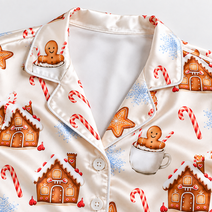 PJ-M1965-Gingerbread Christmas Satin Pajama Set, Candy Cane Snowflake Holiday Cookie House Sleepwear