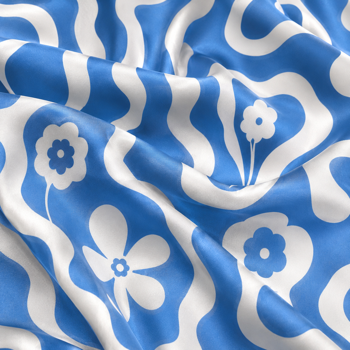 PJ-M197-Blue Satin Floral Pajama Apparel, Wavy Pattern Loungewear Sleepwear Collection Top Bottom Matching Clothing