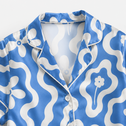 PJ-M197-Blue Satin Floral Pajama Apparel, Wavy Pattern Loungewear Sleepwear Collection Top Bottom Matching Clothing