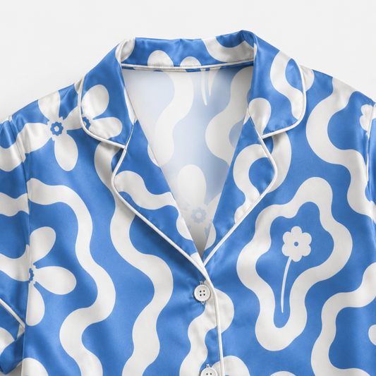 PJ-M197-Blue Satin Floral Pajama Apparel, Wavy Pattern Loungewear Sleepwear Collection Top Bottom Matching Clothing