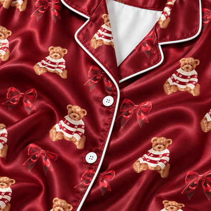 PJ-M1975-Red Teddy Bear Satin Pajama Set, Coquette Bow Christmas Bear Cute Holiday Sleepwear
