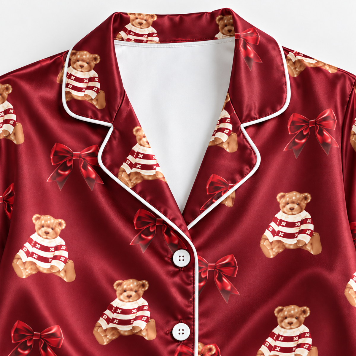 PJ-M1975-Red Teddy Bear Satin Pajama Set, Coquette Bow Christmas Bear Cute Holiday Sleepwear