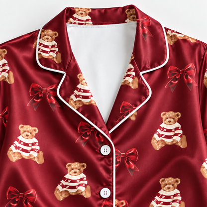 PJ-M1975-Red Teddy Bear Satin Pajama Set, Coquette Bow Christmas Bear Cute Holiday Sleepwear