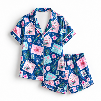 PJ-M1976-"Dear Santa Satin Pajama Set with Christmas Letters Postage Stamps Snowflakes and Festive Holiday Mail Pattern for Cozy Sleepwear "