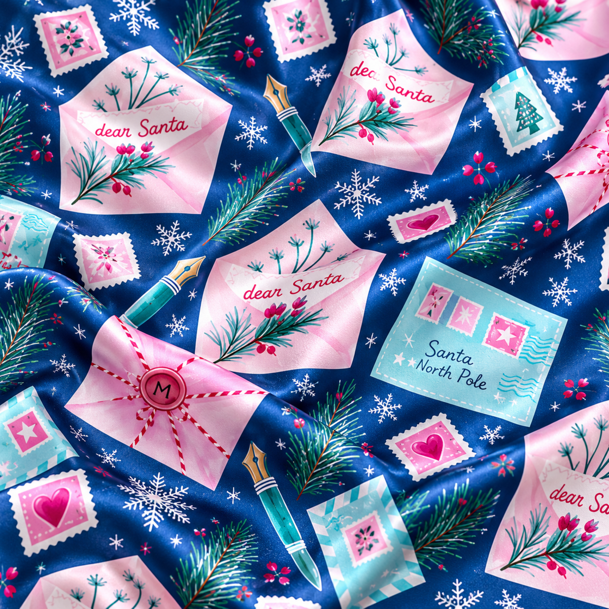 PJ-M1976-"Dear Santa Satin Pajama Set with Christmas Letters Postage Stamps Snowflakes and Festive Holiday Mail Pattern for Cozy Sleepwear "