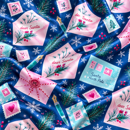 PJ-M1976-"Dear Santa Satin Pajama Set with Christmas Letters Postage Stamps Snowflakes and Festive Holiday Mail Pattern for Cozy Sleepwear "