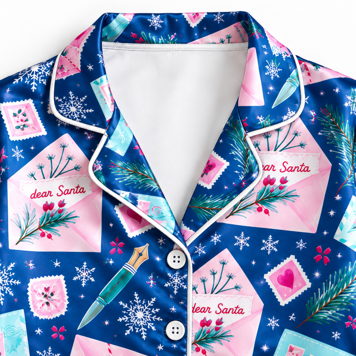 PJ-M1976-"Dear Santa Satin Pajama Set with Christmas Letters Postage Stamps Snowflakes and Festive Holiday Mail Pattern for Cozy Sleepwear "