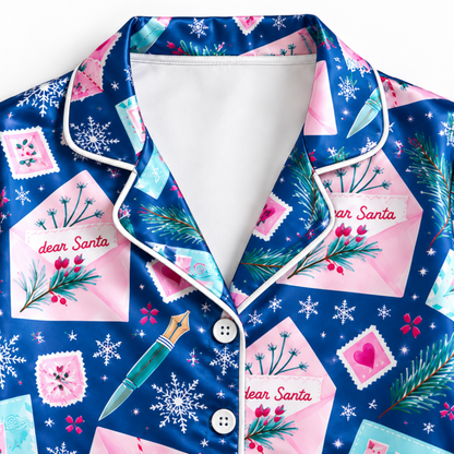 PJ-M1976-"Dear Santa Satin Pajama Set with Christmas Letters Postage Stamps Snowflakes and Festive Holiday Mail Pattern for Cozy Sleepwear "