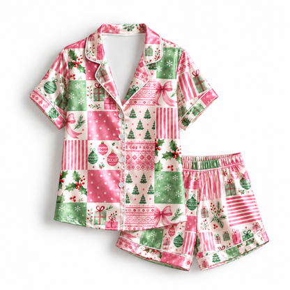 PJ-M1977-Christmas Patchwork Satin Pajama Set with Pink Bows Ornaments Christmas Trees Gifts and Festive Holiday Pattern for Cozy Sleepwear
