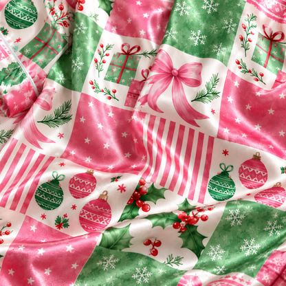 PJ-M1977-Christmas Patchwork Satin Pajama Set with Pink Bows Ornaments Christmas Trees Gifts and Festive Holiday Pattern for Cozy Sleepwear