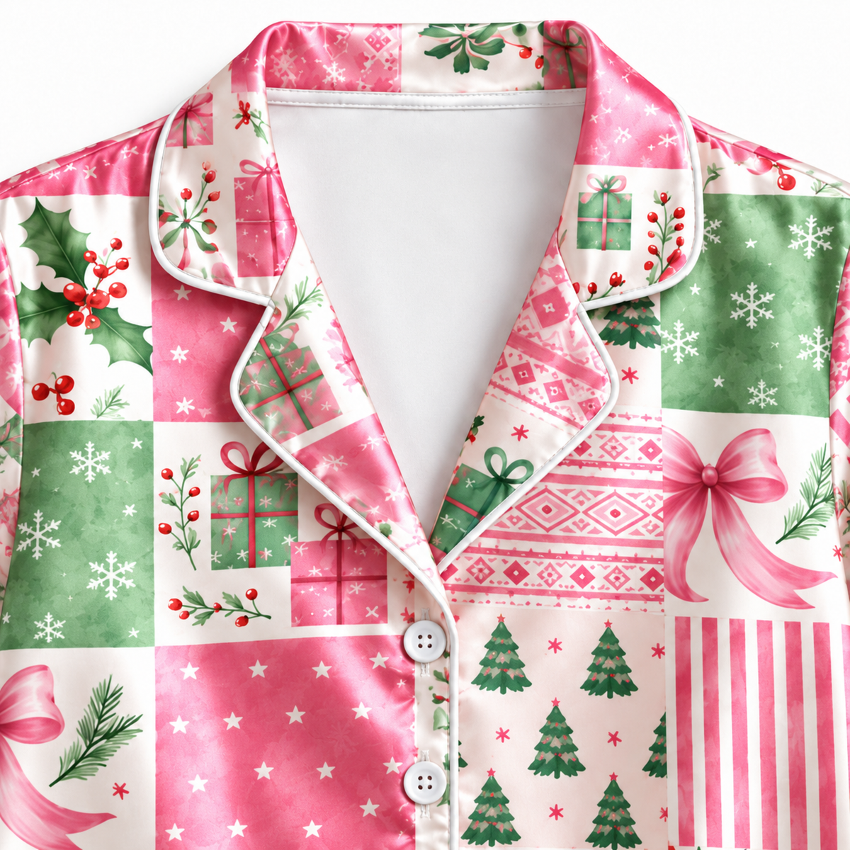 PJ-M1977-Christmas Patchwork Satin Pajama Set with Pink Bows Ornaments Christmas Trees Gifts and Festive Holiday Pattern for Cozy Sleepwear