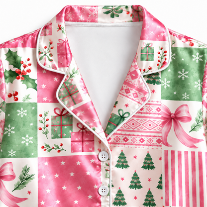 PJ-M1977-Christmas Patchwork Satin Pajama Set with Pink Bows Ornaments Christmas Trees Gifts and Festive Holiday Pattern for Cozy Sleepwear