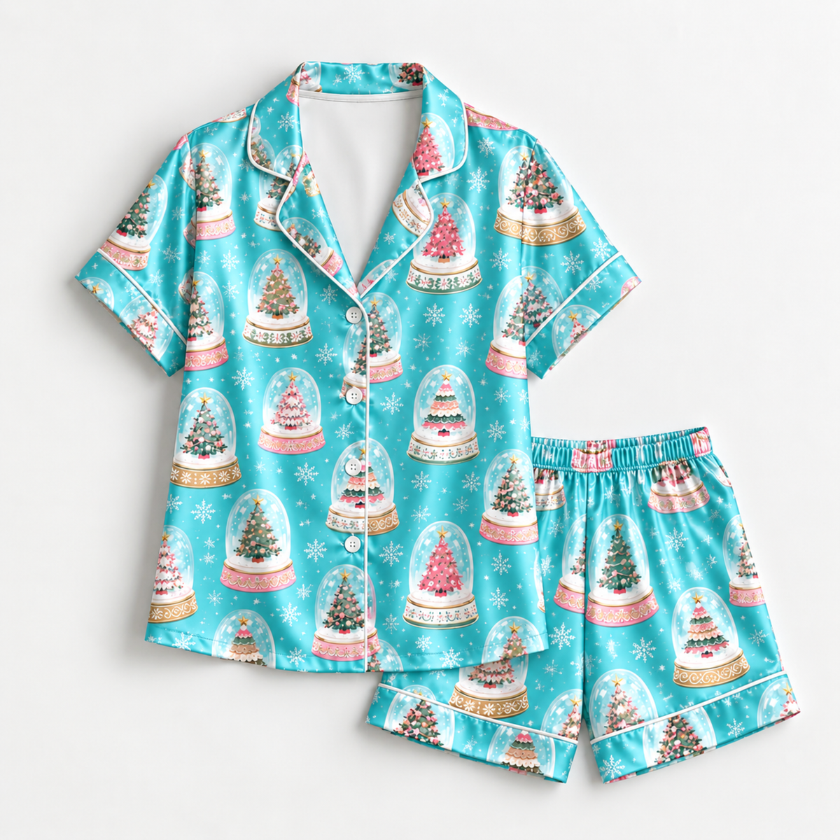 PJ-M1981-Christmas Snow Globe Satin Pajama Set with Christmas Trees Snowflakes and Whimsical Winter Holiday Pattern for Cozy Sleepwear