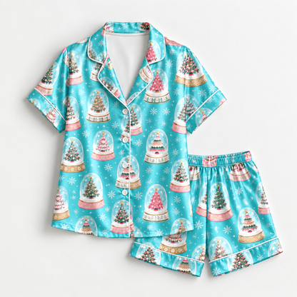 PJ-M1981-Christmas Snow Globe Satin Pajama Set with Christmas Trees Snowflakes and Whimsical Winter Holiday Pattern for Cozy Sleepwear