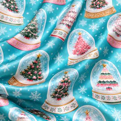 PJ-M1981-Christmas Snow Globe Satin Pajama Set with Christmas Trees Snowflakes and Whimsical Winter Holiday Pattern for Cozy Sleepwear