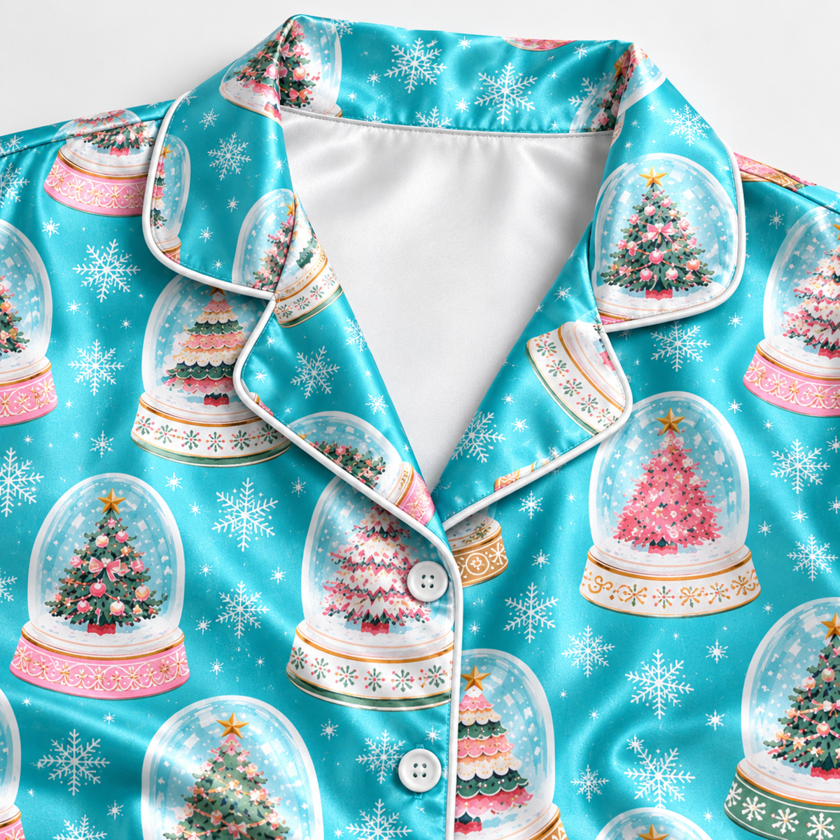 PJ-M1981-Christmas Snow Globe Satin Pajama Set with Christmas Trees Snowflakes and Whimsical Winter Holiday Pattern for Cozy Sleepwear