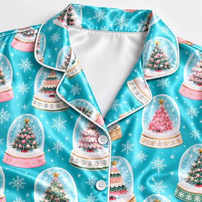PJ-M1981-Christmas Snow Globe Satin Pajama Set with Christmas Trees Snowflakes and Whimsical Winter Holiday Pattern for Cozy Sleepwear