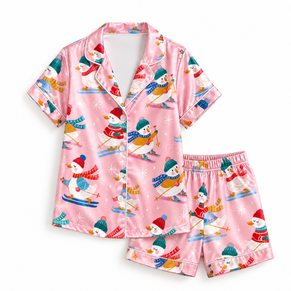 PJ-M1988-Skiing Duck Satin Pajama Set with Winter Hats Colorful Scarves Snowflakes and Playful Pink Christmas Pattern for Cozy Sleepwear