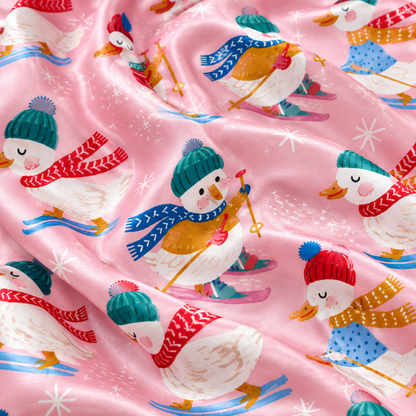 PJ-M1988-Skiing Duck Satin Pajama Set with Winter Hats Colorful Scarves Snowflakes and Playful Pink Christmas Pattern for Cozy Sleepwear