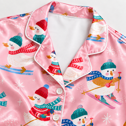 PJ-M1988-Skiing Duck Satin Pajama Set with Winter Hats Colorful Scarves Snowflakes and Playful Pink Christmas Pattern for Cozy Sleepwear