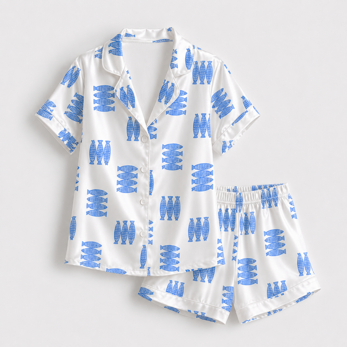 PJ-M199-Blue Satin Fish Pajama Apparel, Botanical Pattern Loungewear Sleepwear Collection Top Bottom Clothing